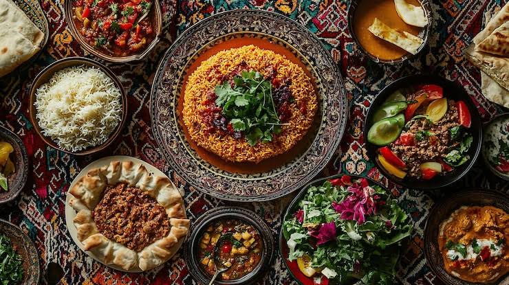 Afghan Kofta meatballs simmered in tomato sauce, served with Qabuli Pulao rice and fresh Afghan bread